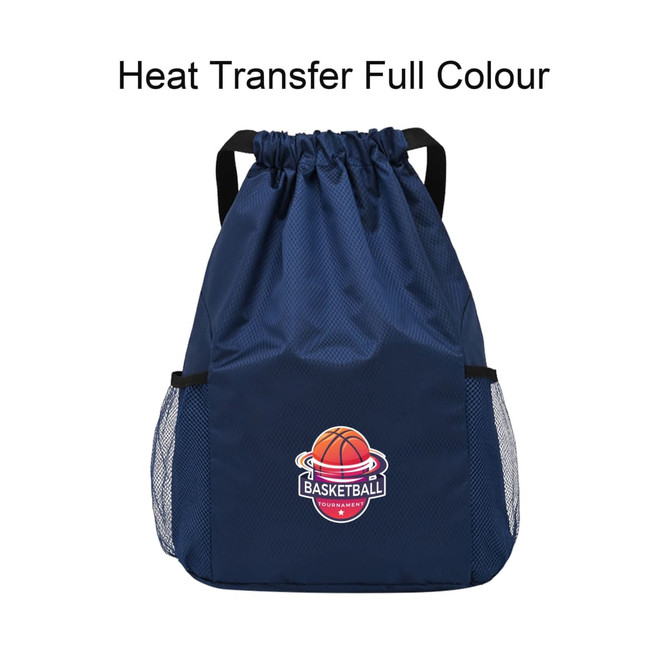 A navy blue drawstring backpack with mesh side pockets and a basketball logo on the front.