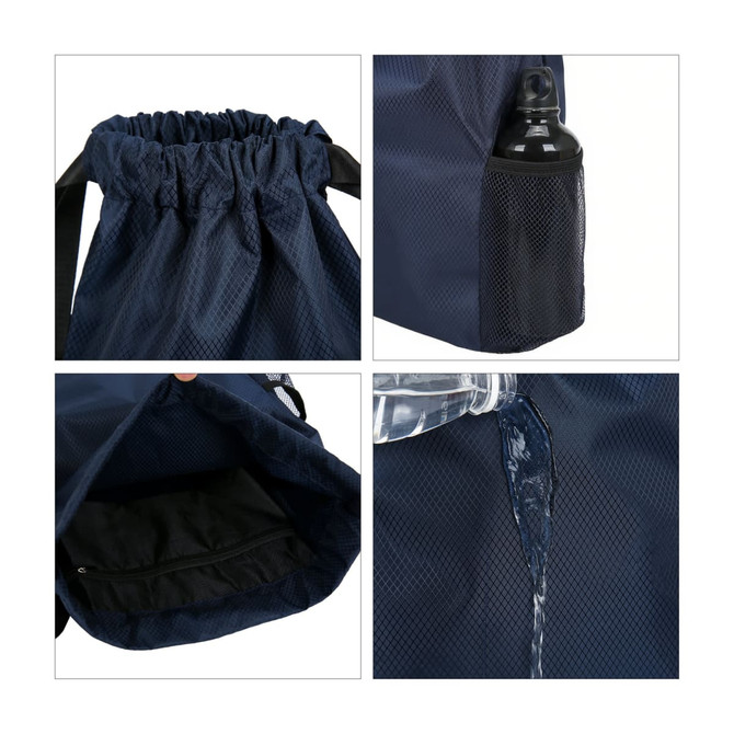 A navy blue fitness drawstring backpack featuring a mesh side pocket for a drink bottle and an inner compartment.