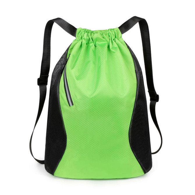 A bright green sports drawstring backpack with black accents and adjustable shoulder straps.