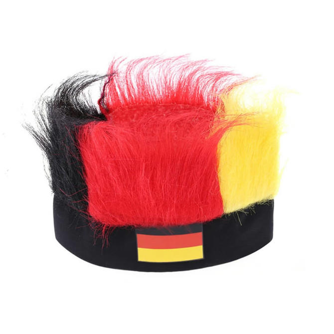 A headband wig featuring three colours: red, black, and yellow, with a band displaying a flag.
