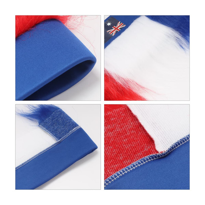 A headband wig featuring blue, red, and white sections, with a soft texture and a small logo.