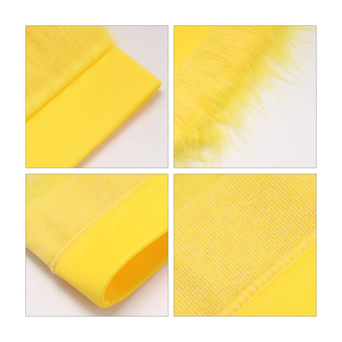 Yellow fabric featuring a fuzzy texture along the edge, shown in four close-up sections highlighting details.