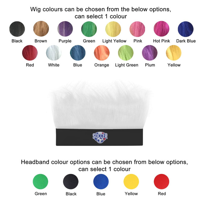 A variety of wig and headband colour options, including black, brown, white, and purple, displayed with a logo.