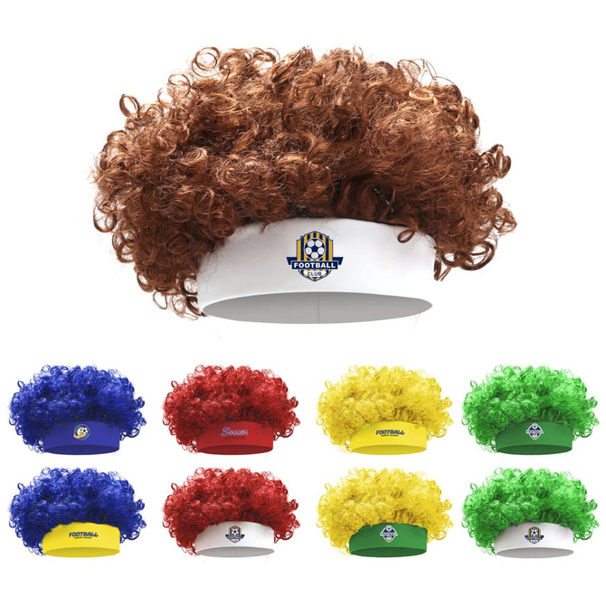 A curly, multi-coloured headband wig with a white band and various vibrant wig colours including blue, red, yellow, and green.