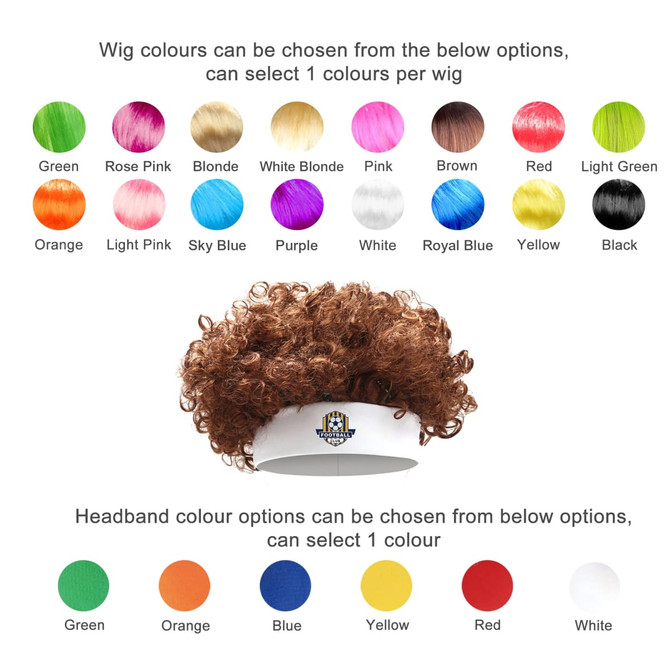 A curly wig in a reddish-brown shade with a white headband. Multiple colour options for the wig and band are shown.