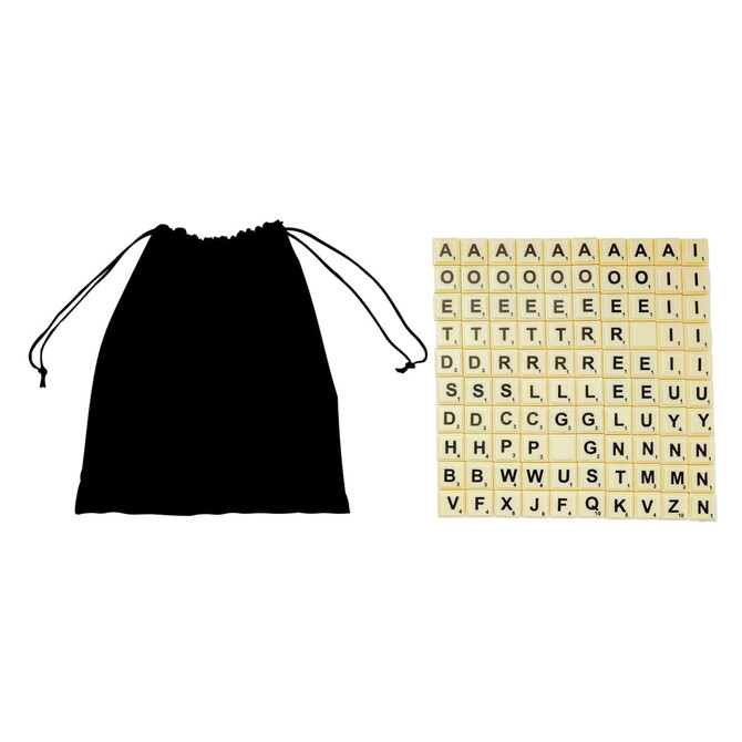 A black drawstring bag beside a collection of tan letter tiles featuring the alphabet in black lettering.