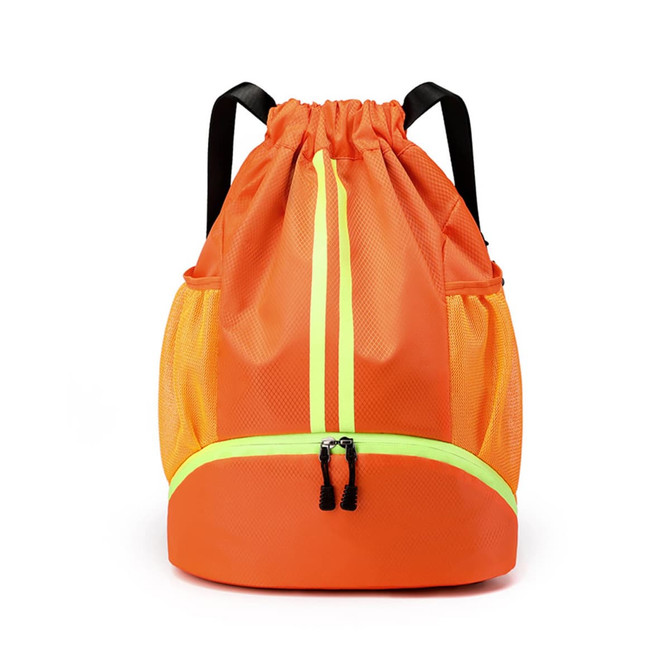 An orange drawstring backpack featuring mesh side pockets and a bright yellow accent, with a logo displayed.