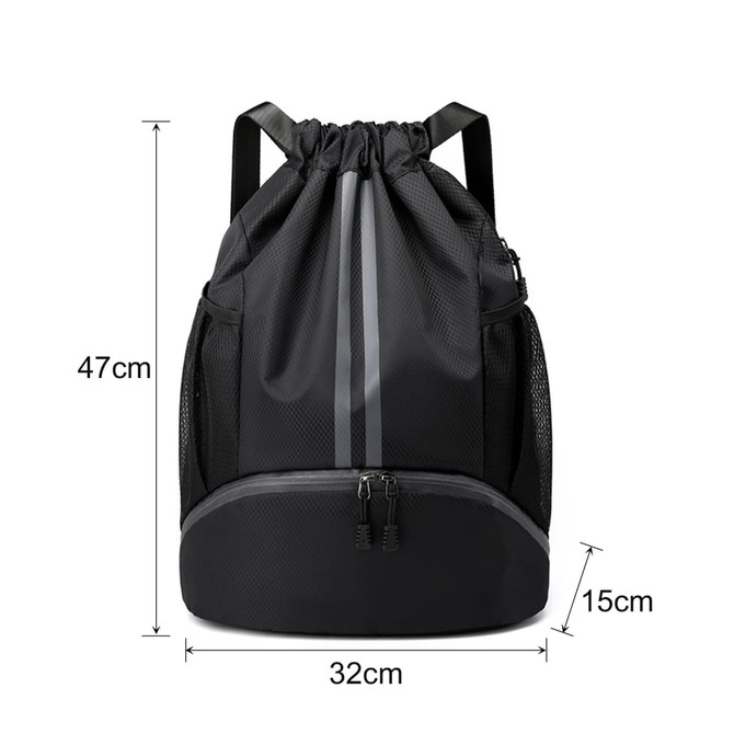 A black drawstring backpack with mesh side pockets, featuring a zippered bottom compartment and grey stripes.