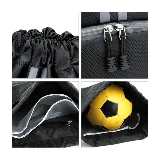 A black drawstring backpack featuring grey stripes, zippers, and compartments for wet and dry separation, holding a soccer ball.