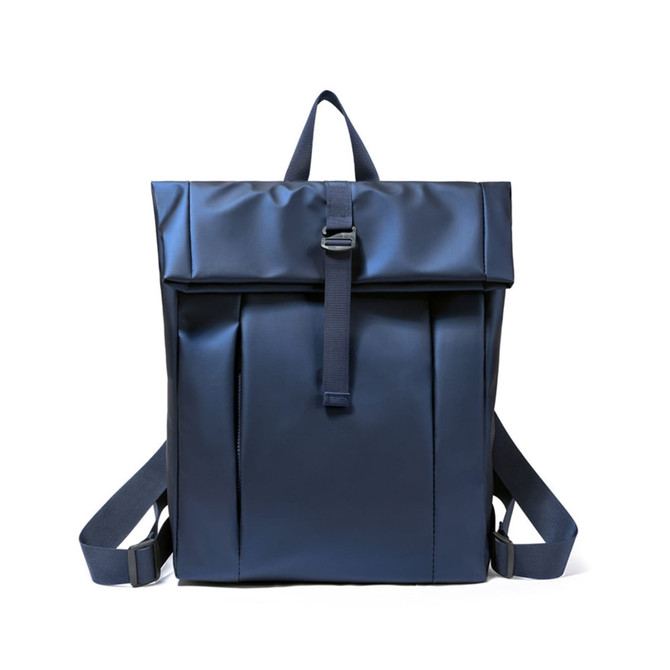 A navy blue tarpaulin roll top backpack with adjustable shoulder straps and a front buckle closure.