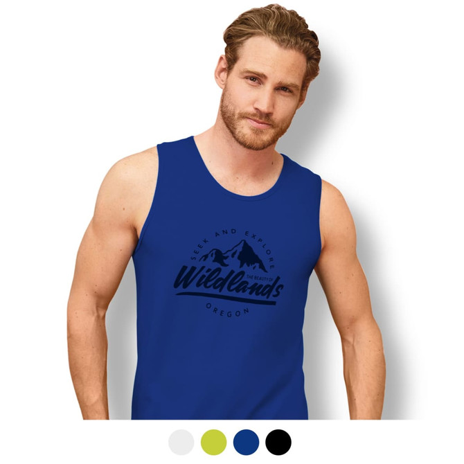 A blue men's tank top with a logo featuring mountains and text. Available in multiple colours.