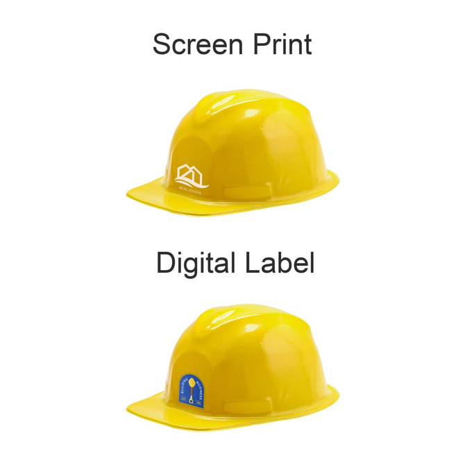A yellow mini PVC construction hat with a logo on one side and a digital label on the other.