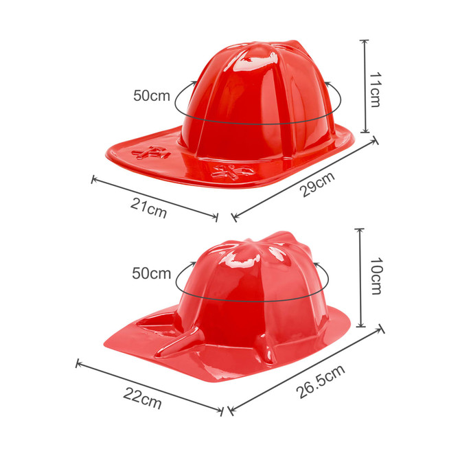 A red PVC fire chief hat with various measurements displayed, featuring a logo on its surface.
