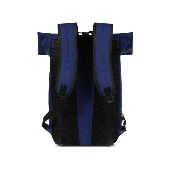 A blue roll top backpack with black straps and mesh detailing, featuring adjustable shoulder straps and a logo.