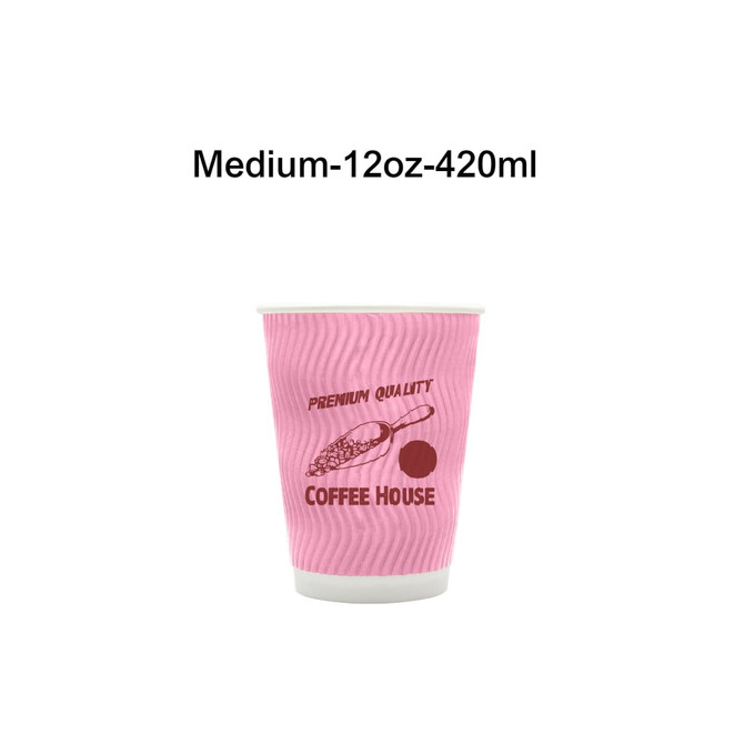 A pink corrugated paper cup with a branding logo and a capacity of 12 oz (420 ml).