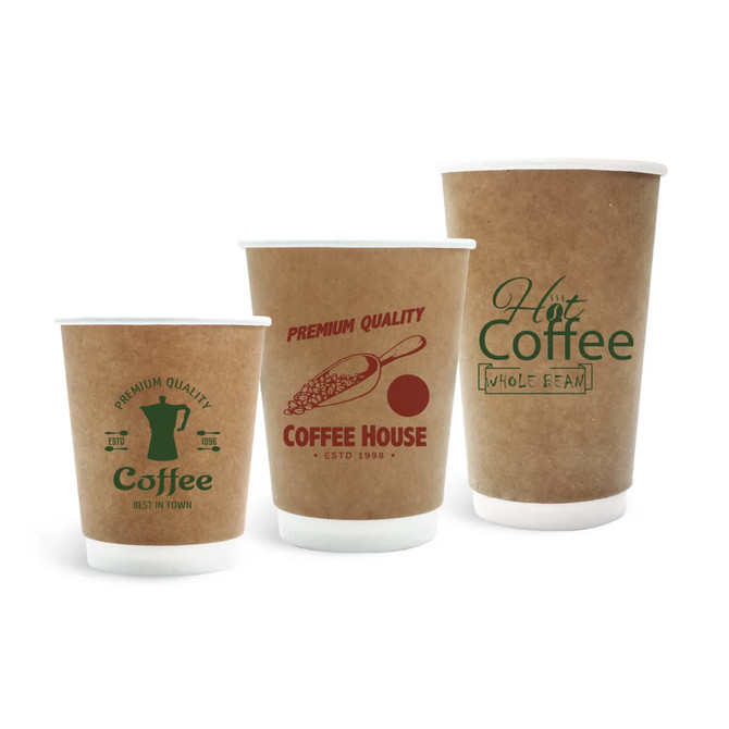 Three compostable kraft paper cups in various sizes, featuring printed designs in green and red on a brown background.