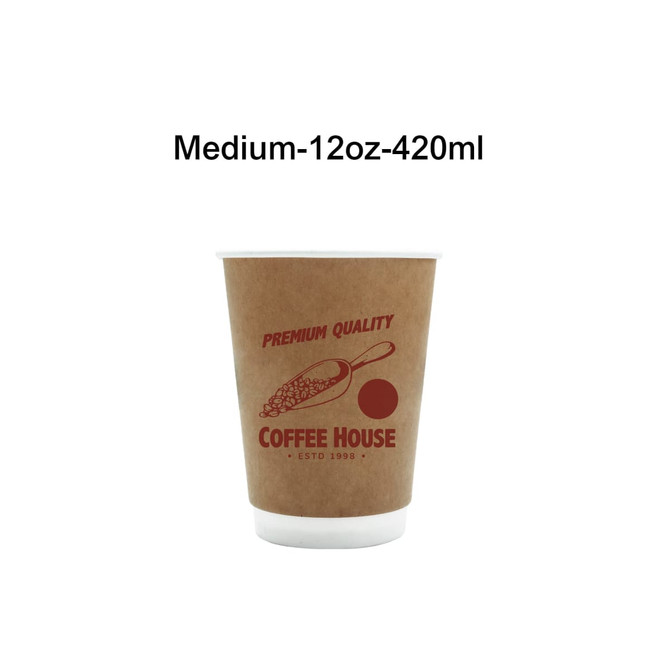 A brown kraft paper cup with a white interior, featuring a logo and a graphic of coffee beans.