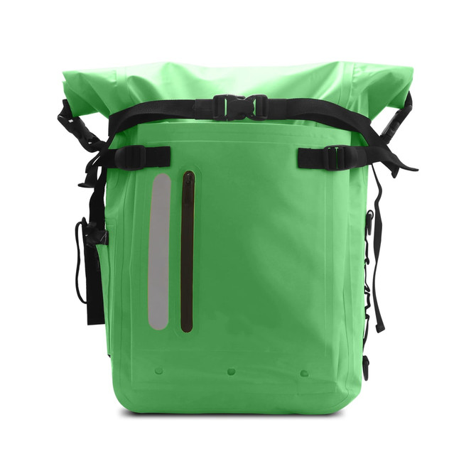 A waterproof roll top backpack in a vibrant green colour, featuring adjustable straps and a reflective strip.