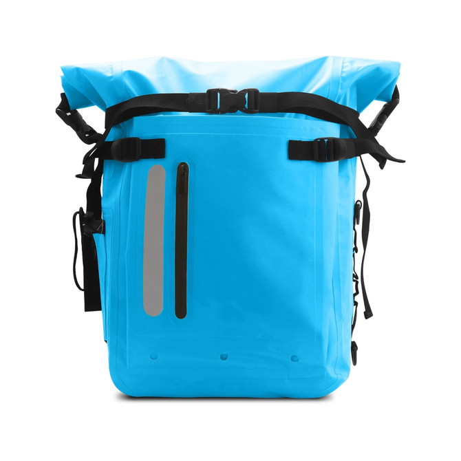 A waterproof roll top backpack in bright blue with adjustable straps and reflective accents. Features a logo.