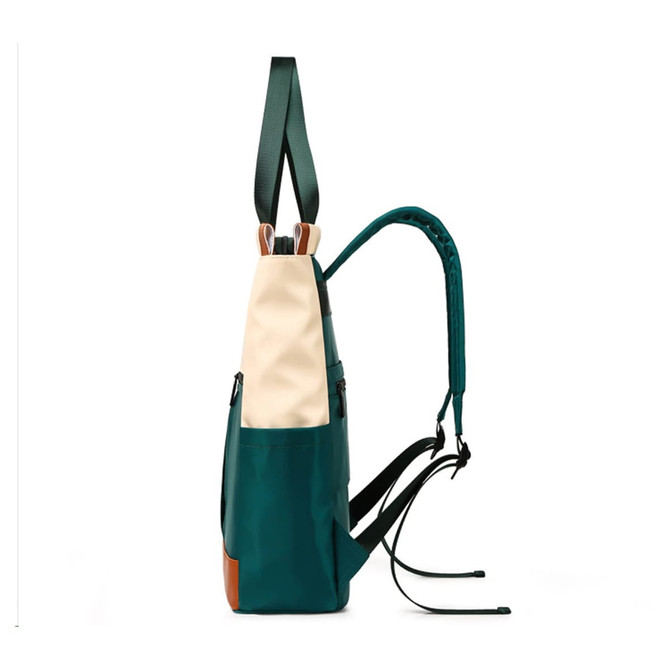 A convertible nylon backpack in dark green and cream, featuring adjustable straps and a backpack-to-tote design.