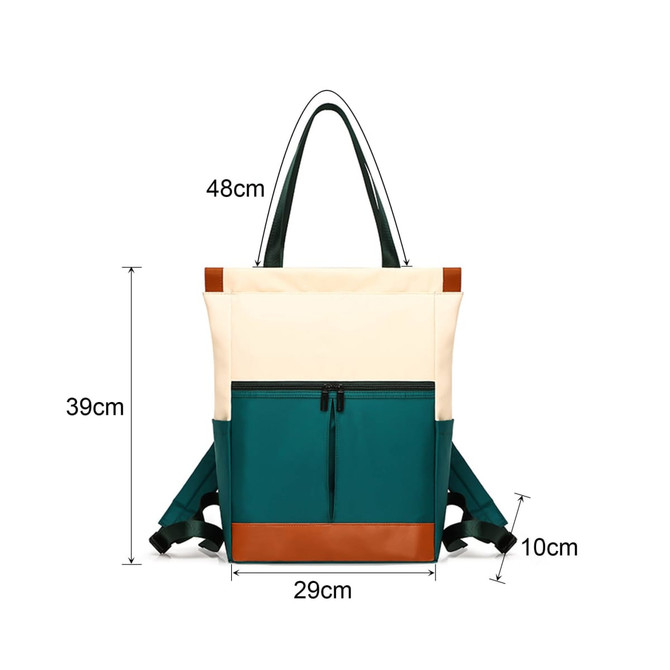 A convertible nylon backpack to tote bag in cream, teal, and brown, featuring adjustable straps and a front pocket.