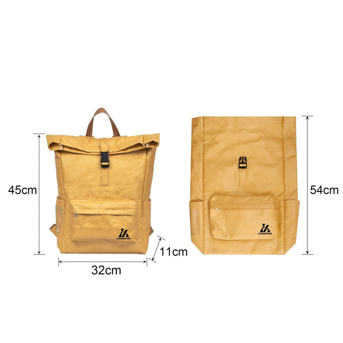 A yellow Tyvek roll-top backpack with a front pocket and adjustable straps, featuring a logo.