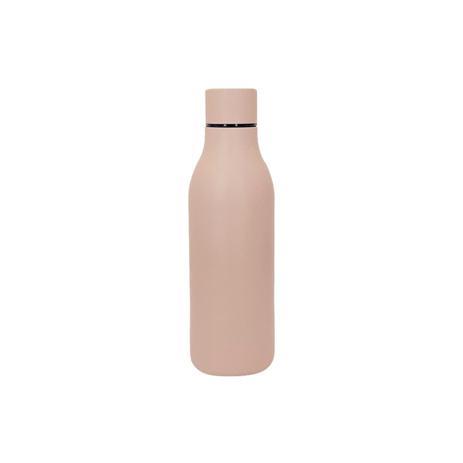 A drink bottle in a soft pink hue with a sleek design and a branded logo.