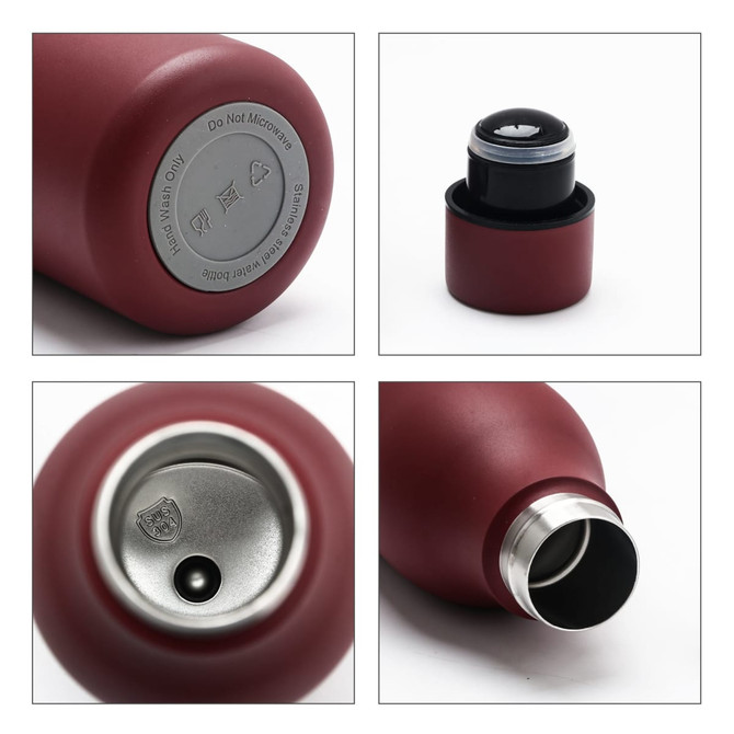 A drink bottle in deep burgundy, featuring a sleek design with a stainless steel interior and a branded lid.