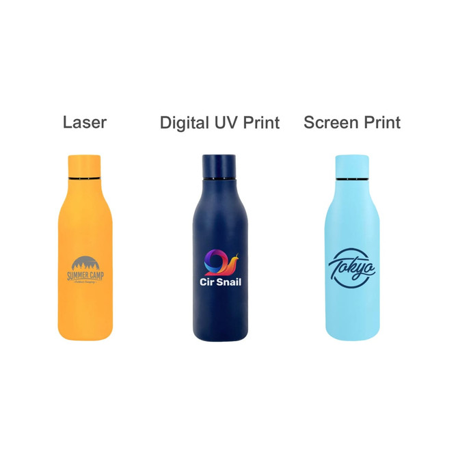 A drink bottle in orange, navy, and light blue, featuring various prints and a logo on each.