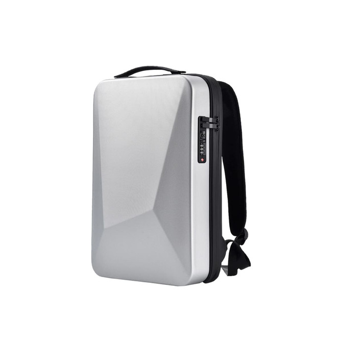 A silver expandable hardshell backpack with a sleek design and a combination lock on the side. It has a black strap.