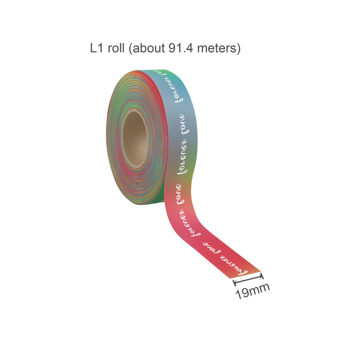 A roll of rainbow satin polyester ribbon featuring a variety of vibrant colours, with a width of 19mm and length of 91.4 meters.