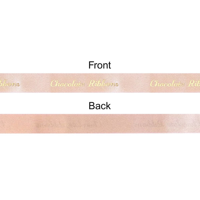 A satin ribbon in soft pink with a subtle sheen, featuring a front and back side. It has a brand logo on one side.