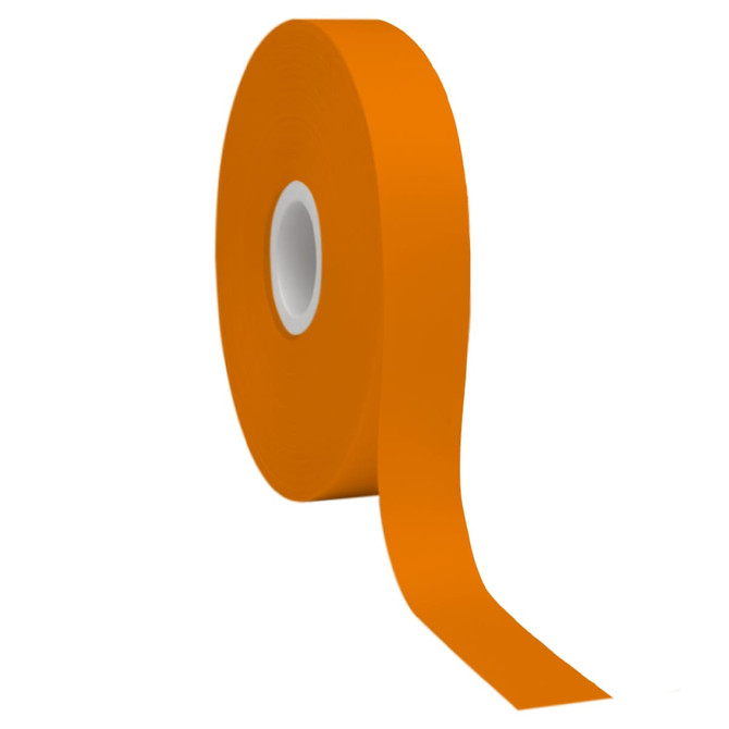 An orange roll of screen printed satin polyester ribbon with a smooth finish.