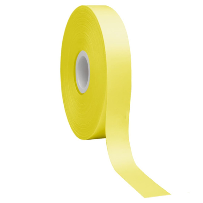 A roll of yellow satin polyester ribbon, featuring a smooth finish and a logo.