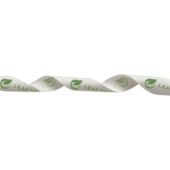 A rolled ribbon in white satin polyester with a green logo and text printed on it.