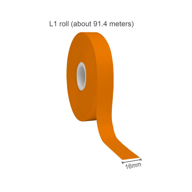 A roll of orange satin polyester ribbon, approximately 91.4 meters long and 16mm wide, with a central core.