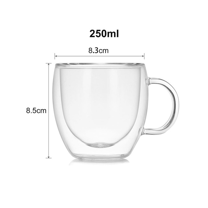 A clear double wall mug with a handle, holding 250ml, featuring dimensions of 8.3cm width and 8.5cm height.