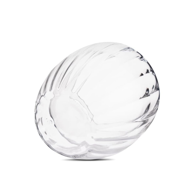 A drink bottle with a spiral double wall design, featuring a transparent glass construction. It has a round, sleek shape.