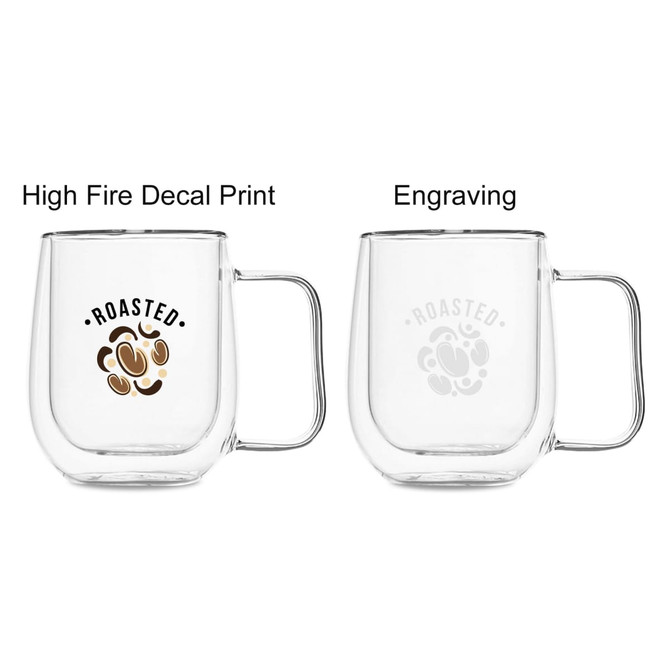 A barrel-shaped double wall mug in clear glass with two design options: decal print and engraving, featuring a logo.