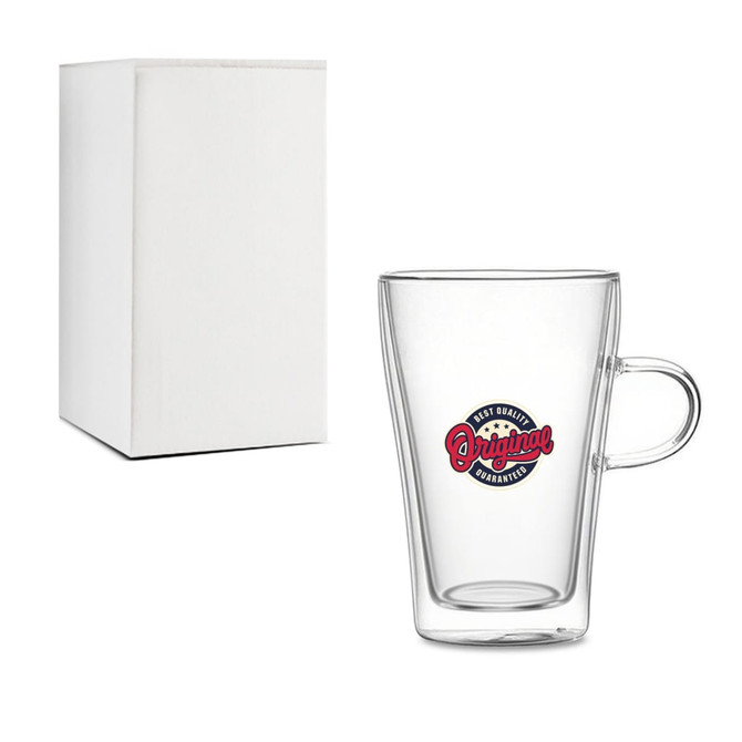 A double wall mug with a clear glass design, featuring a handle and a logo, alongside a plain white box.