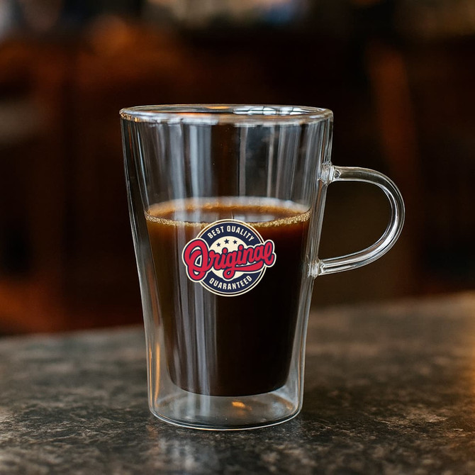 A double wall glass mug with a handle, filled with dark coffee, featuring a logo on the front.