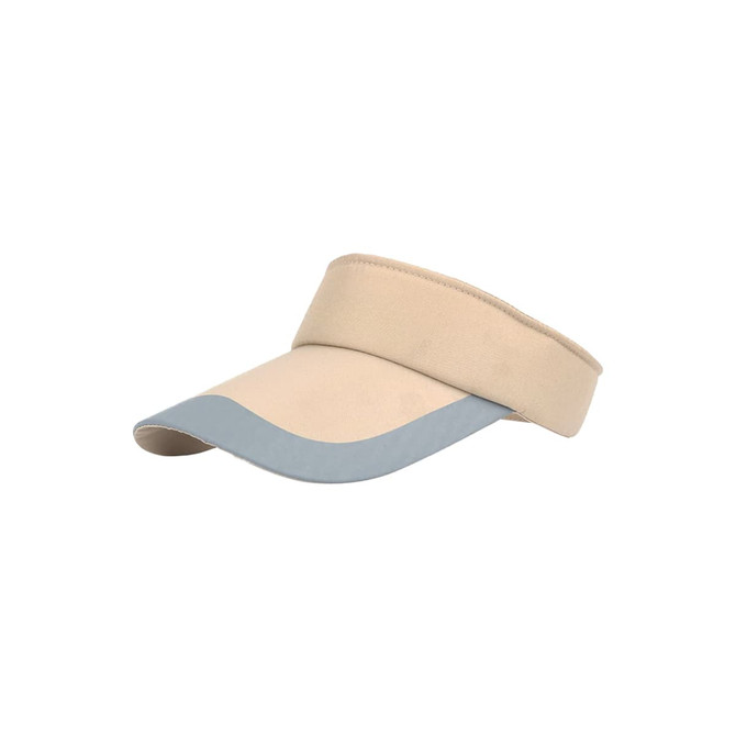 A sun visor in beige with a light blue peak, featuring a soft band and a logo on the front.