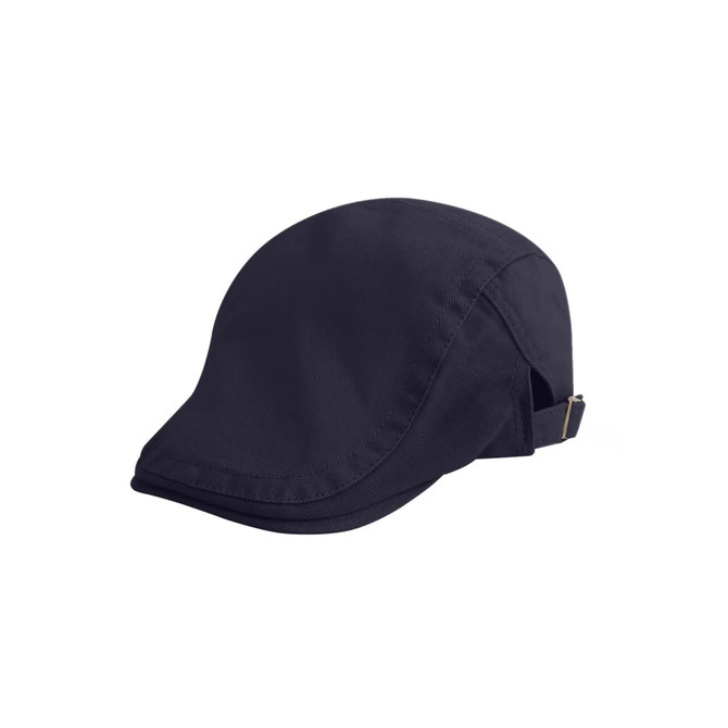 A navy beret hat featuring a soft fabric and a adjustable strap at the back.