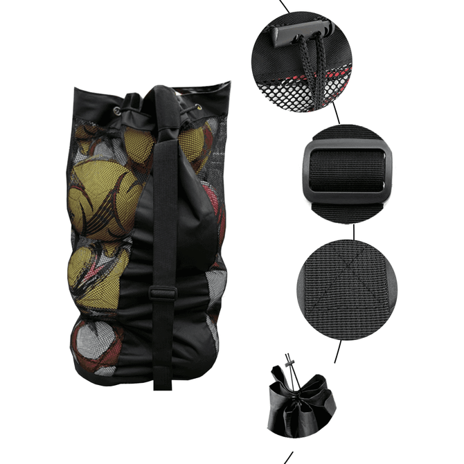 A black drawstring mesh ball bag containing sports balls, featuring adjustable straps and a logo.