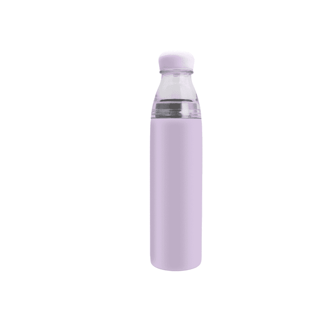 A drink bottle with a stainless steel base and a clear glass top, featuring a lilac silicone sleeve and a lid.