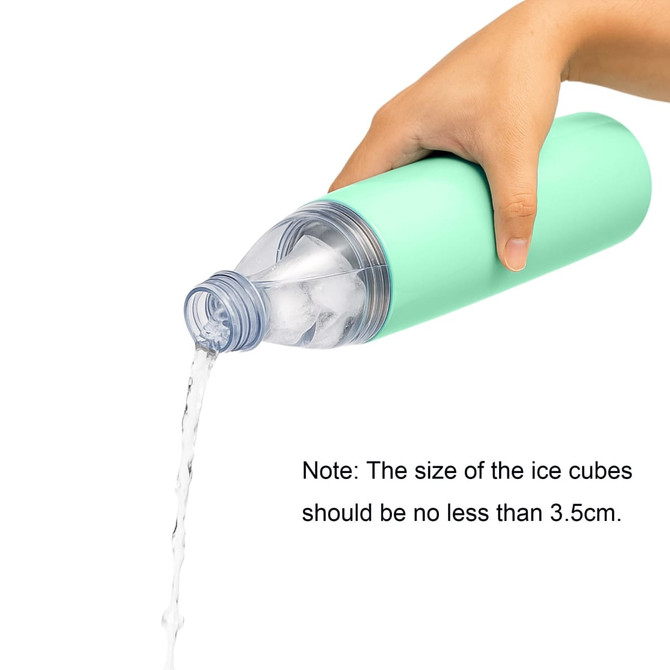A drink bottle with a mint green exterior and a clear top, pouring water with ice cubes visible inside.