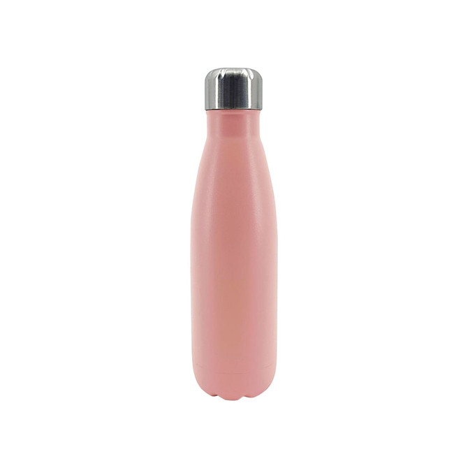 A drink bottle in a matte pink finish with a stainless steel cap and an integrated logo.