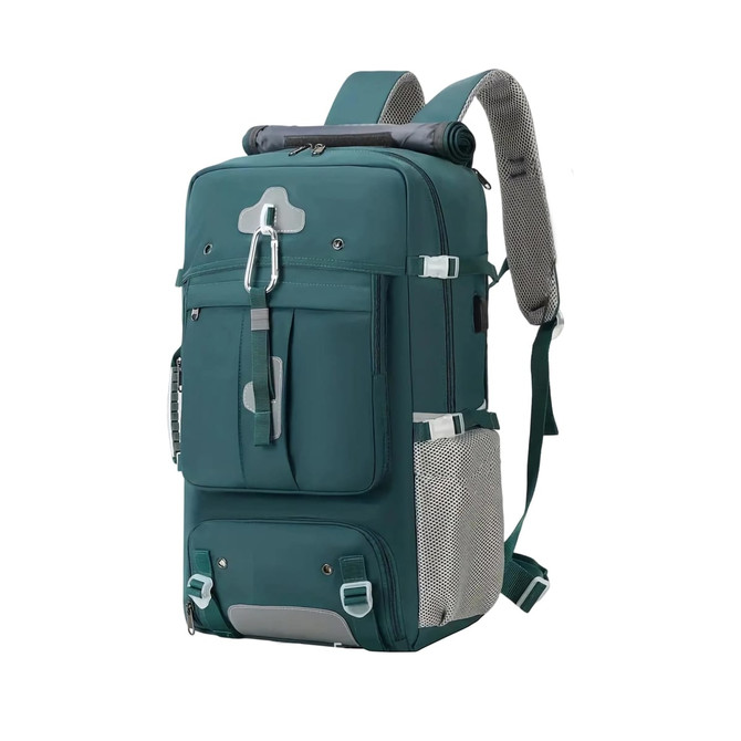 A teal convertible backpack and duffel bag with multiple pockets, adjustable straps, and a roll-top feature.