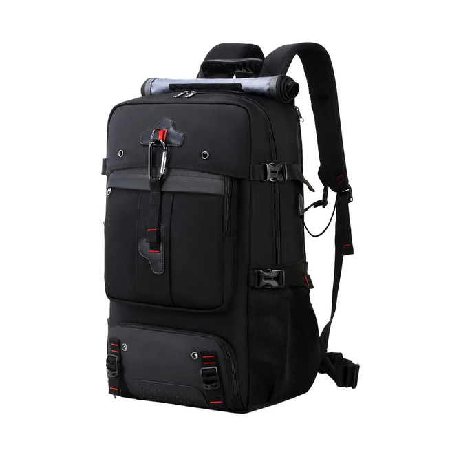A black convertible backpack duffel bag with multiple compartments and adjustable straps, featuring a logo.