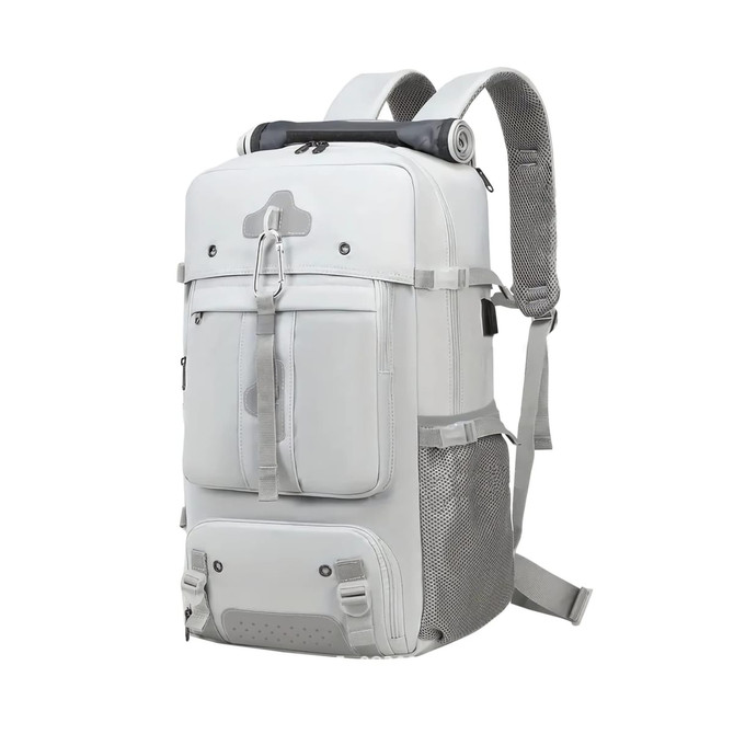 A grey convertible backpack duffel bag with multiple pockets and adjustable straps. Features a roll-top design.